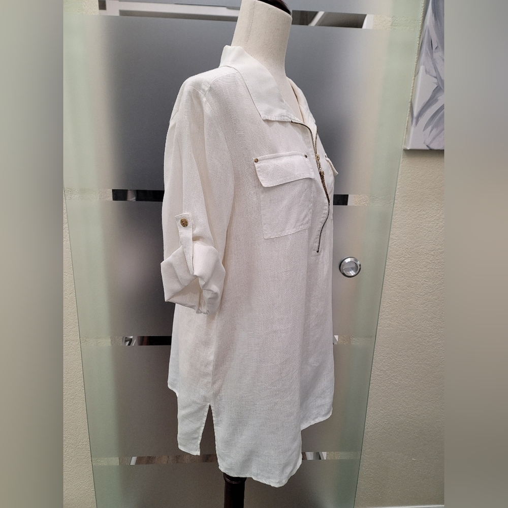 Ellen Tracy 100% White Linen Zip-Front Rolled-Sleeve Tunic Blouse size L - Picture 4 of 12
